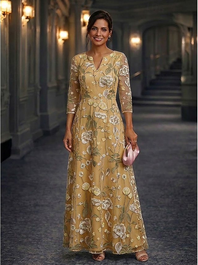 a-line mother of the bride dresses floor length lace with embroidery 3/4 length sleeve v neck simple in Gold, US22W
