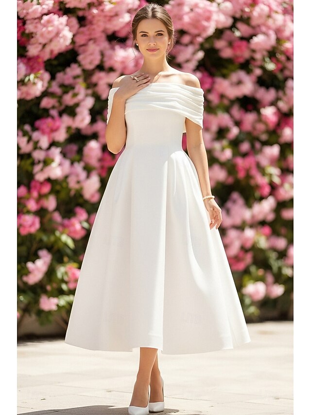 a-line ankle-length little white dress wedding dress cocktail dress formal dress off-the-shoulder sleeveless satin, supplier image 1