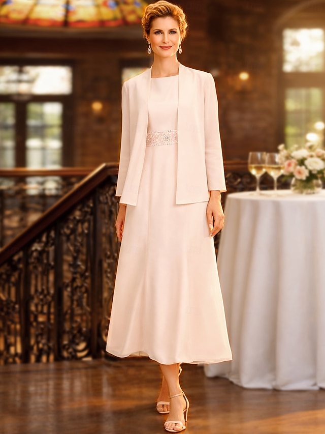 two piece sheath column tea length mother of the bride dresses wedding guest dresses sleeveless jewel neck elegant plus size chiffon, supplier image 1