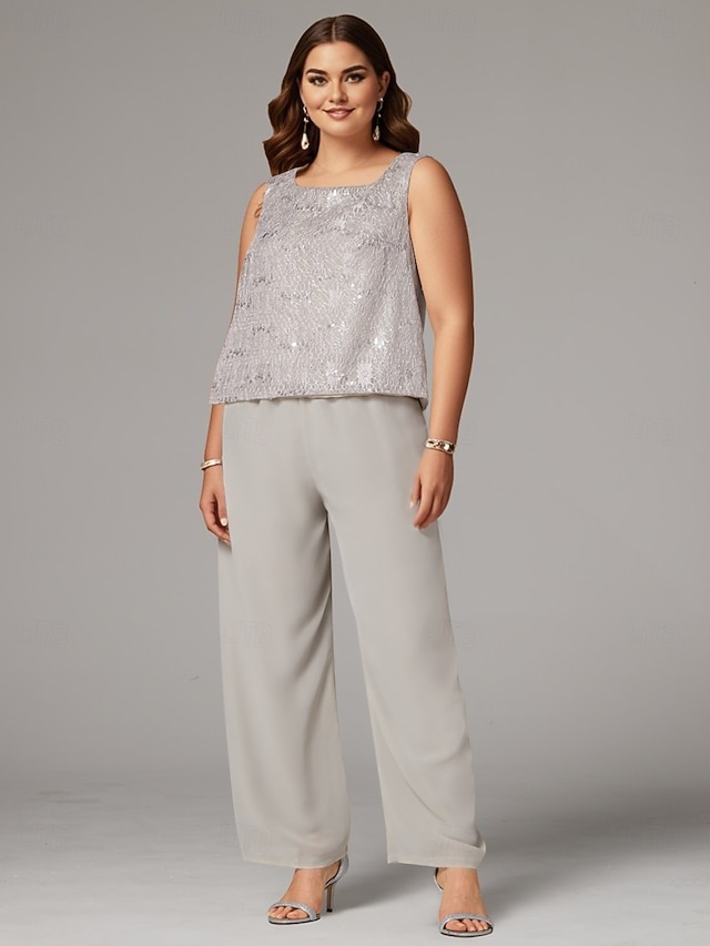3 piece jumpsuit pantsuit floor-length mother of the bride dress wedding guest dress scoop neck sleeveless chiffon lace elegant, supplier image 22