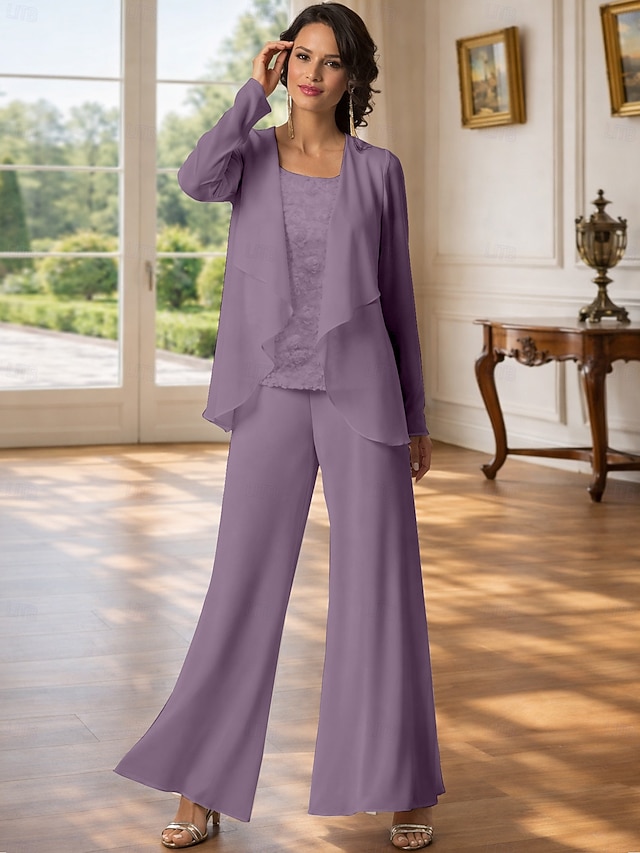 3 piece jumpsuit pantsuit jumpsuit pantsuit floor length mother of the bride dresses sleeveless bateau neck elegant plus size chiffon lace, supplier image 19