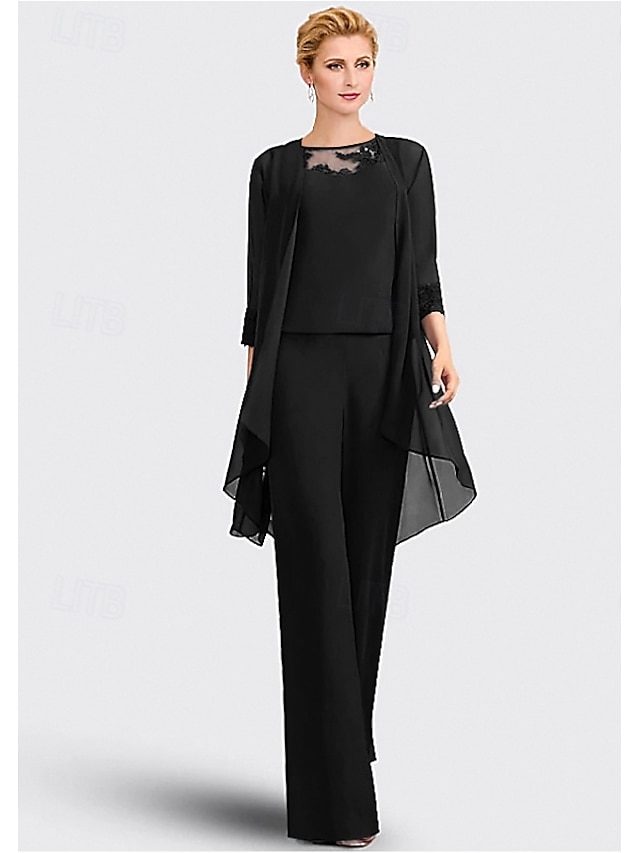 3 piece jumpsuit pantsuit floor-length mother of the bride dress wedding guest dress formal dress jewel neck sleeveless chiffon lace elegant, supplier image 11