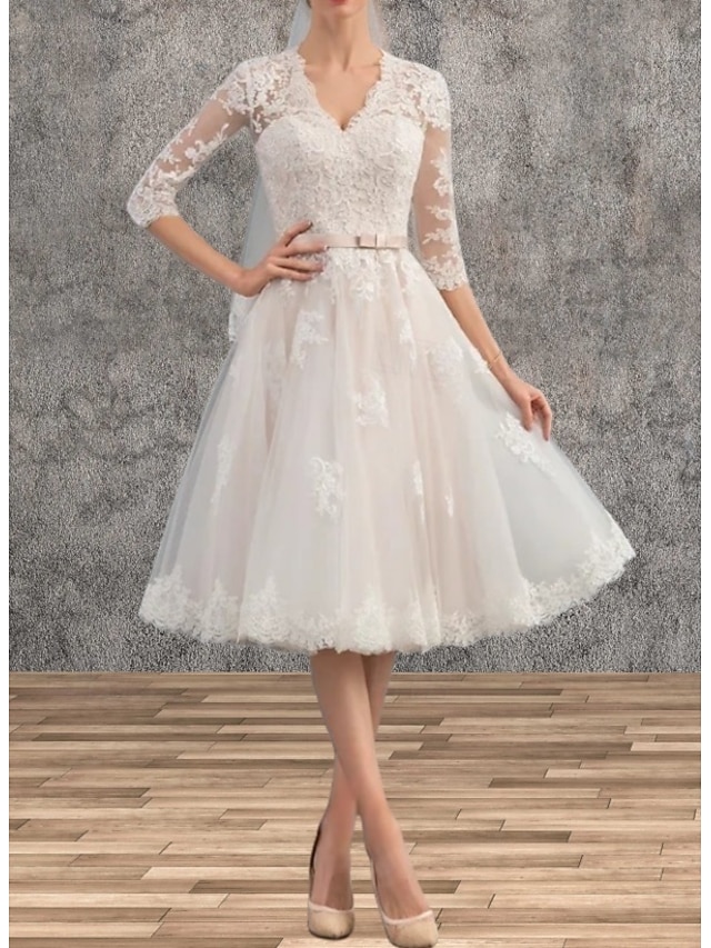 a-line tea-length little white dress wedding dress v-neck 3/4 sleeves satin tulle, supplier image 1
