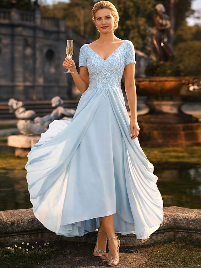 a-line tea length mother of the bride dresses wedding guest dresses cocktail dresses party dresses short sleeve v neck elegant plus size chiffon lace, supplier image 1