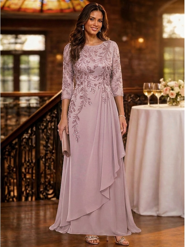a-line mother of the bride dresses floor length chiffon tulle with sequin 3/4 length sleeve elegant, supplier image 1