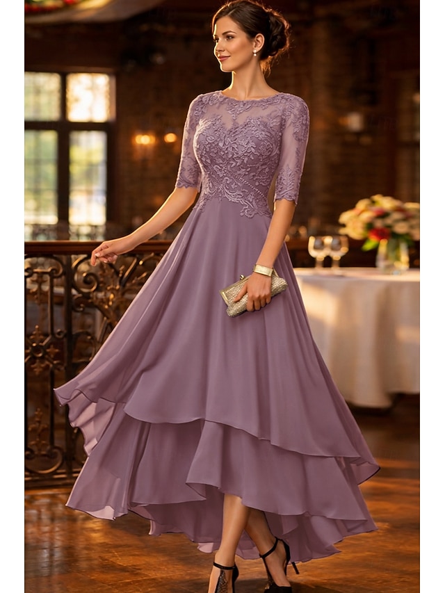 a-line asymmetrical mother of the bride dresses wedding guest dresses cocktail dresses party dresses half sleeve crew neck elegant simple lace, supplier image 10