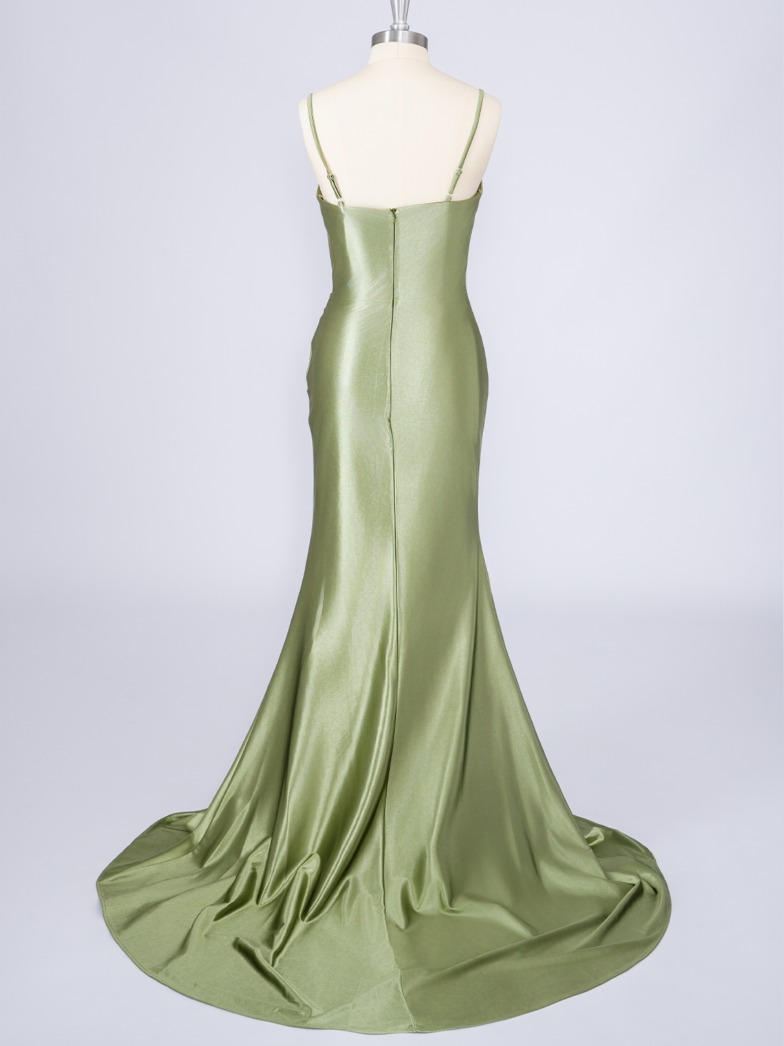 Dusty Sage Silk Satin Spaghetti Solid Color With High Split Prom Dress