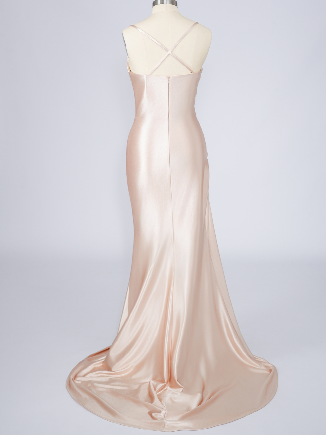 Champagne Silk Satin Mermaid Spaghetti With Split Long Prom Dress