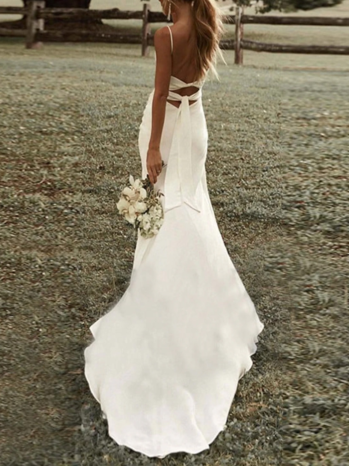 Sheath Square Neck Spaghetti With Ruched Split Simple Wedding Dresses