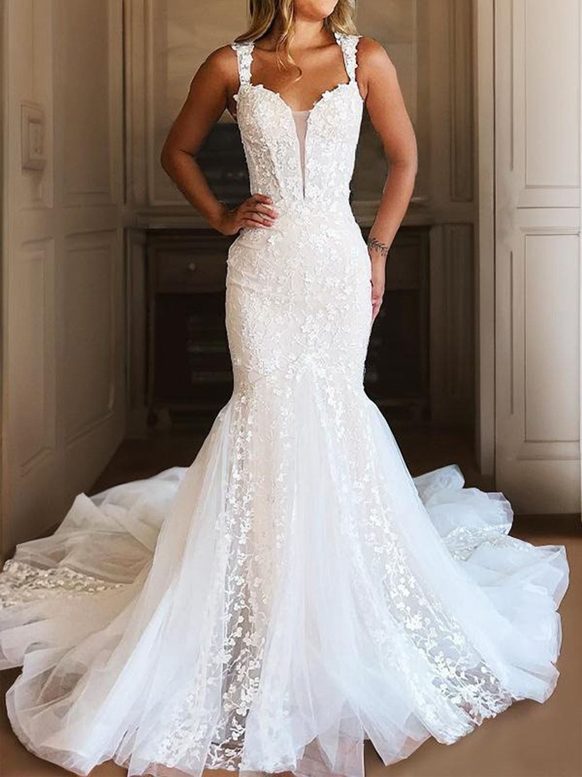 Mermaid Tulle Off the Shoulder Sleeveless With Appliques Wedding Dress