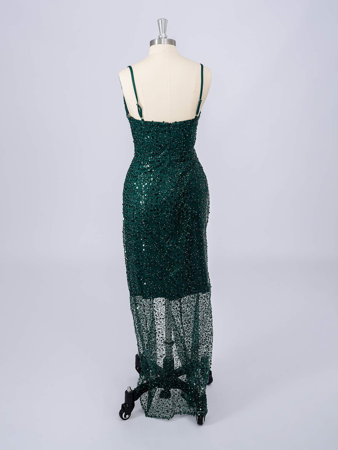 Dark Green Sheath Sequins Spaghetti Floor Length Wih Slit Prom Dress