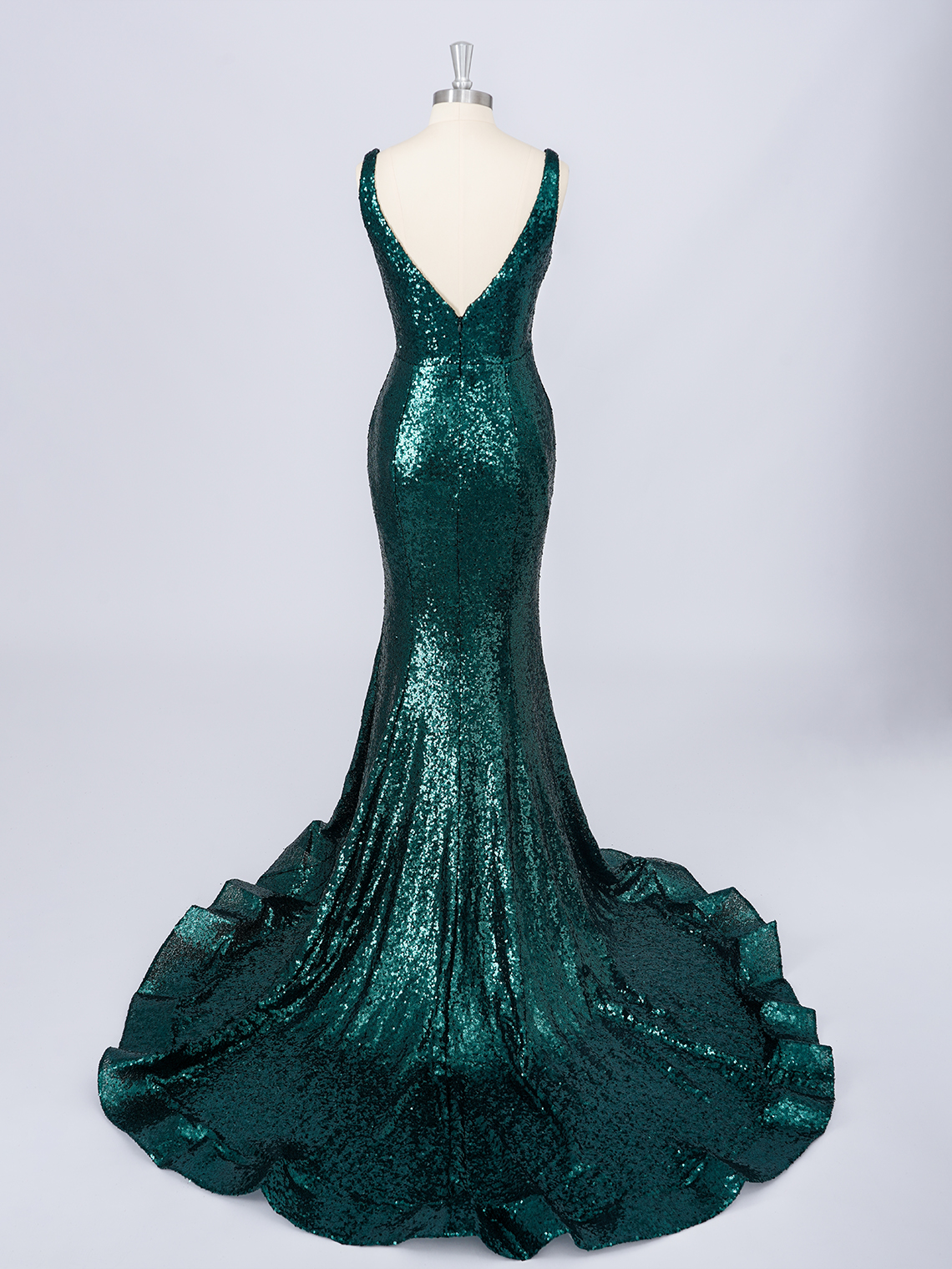 Sparkle Mermaid Sequins Deep V-neck Court Train Long Prom Dress