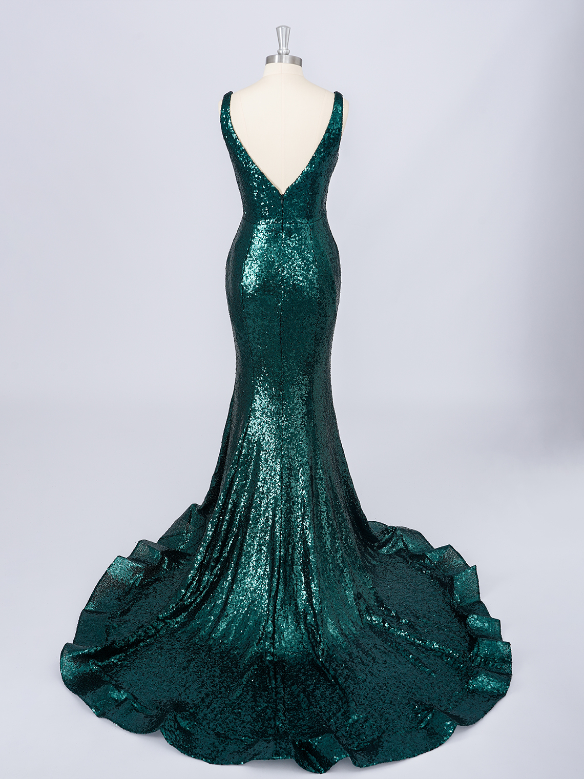 Sparkle Mermaid Sequins Deep V-neck Court Train Long Prom Dress