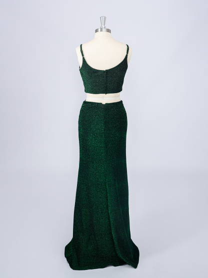 Dress Sexy Dark Green Two Piece Spaghetti Floor Length Long Prom Dress