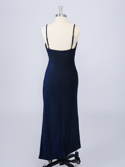 Dress Dark Navy Sheath V Neck Tea Length With Solid Color Long Prom Dress
