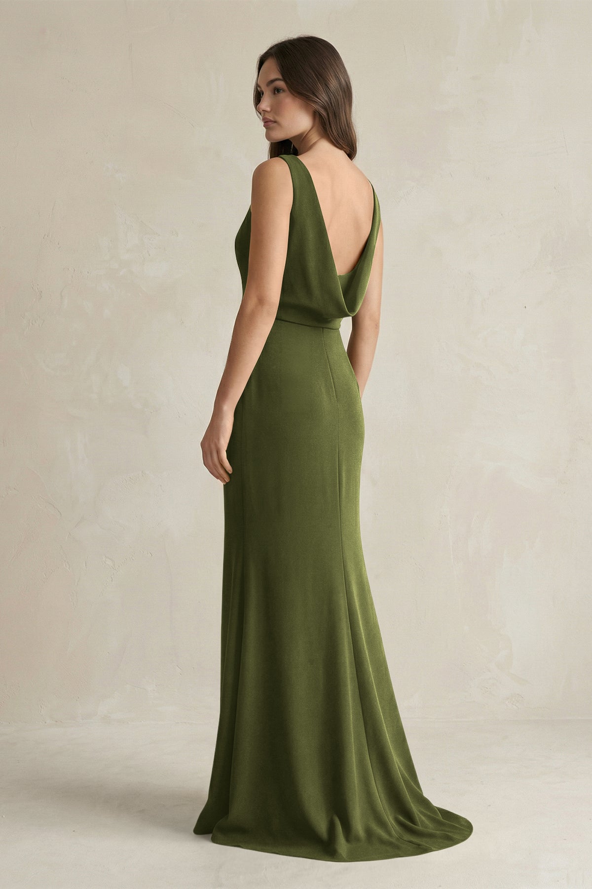 V-Neck Sheath Satin Maxi Bridesmaid Dresses in Olive, product image 2