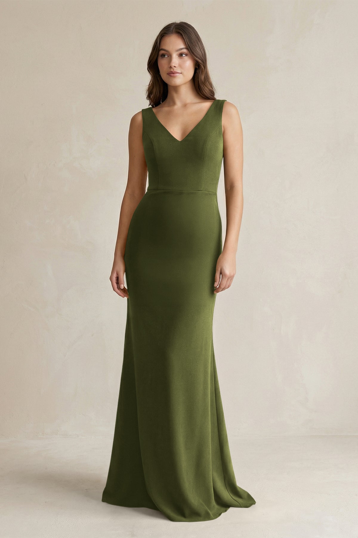 V-Neck Sheath Satin Maxi Bridesmaid Dresses in Olive, product image 1