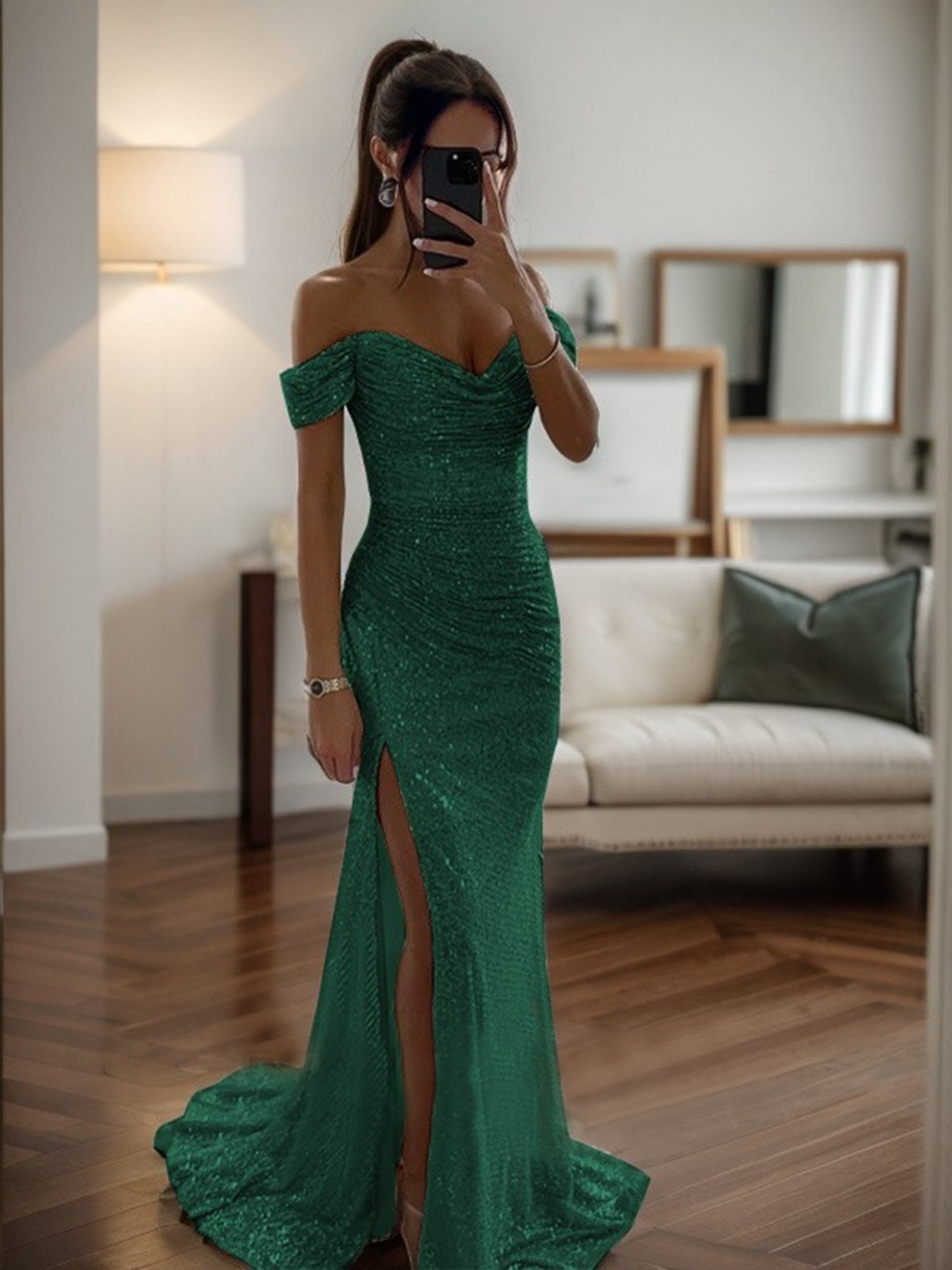 Mermaid Off-the-Shoulde Ruched Sleeveless Sweep Train Prom Dress