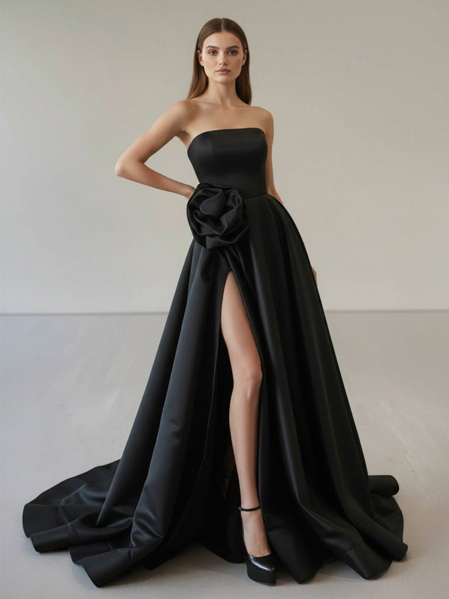 Black Strapless Satin Long Prom Dresses With High Split Evening Dresses, product image 3