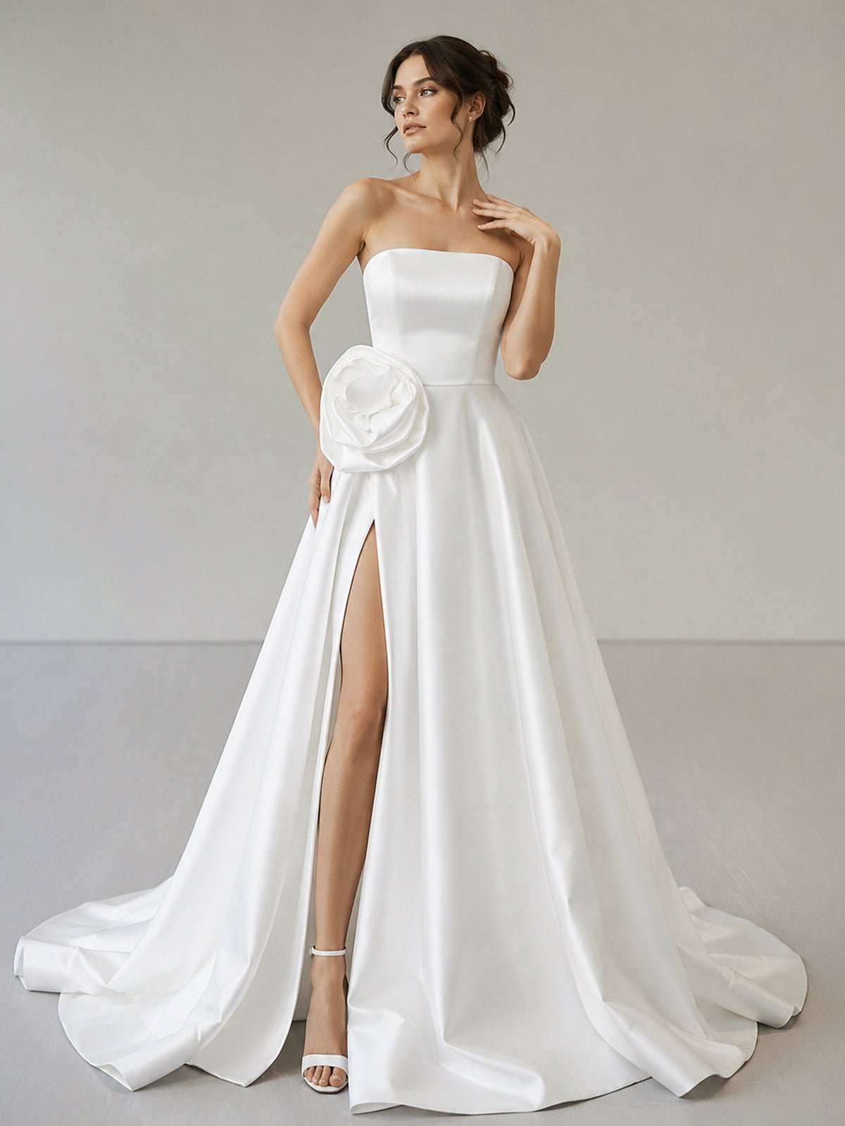 Black Strapless Satin Long Prom Dresses With High Split Evening Dresses, product image 18