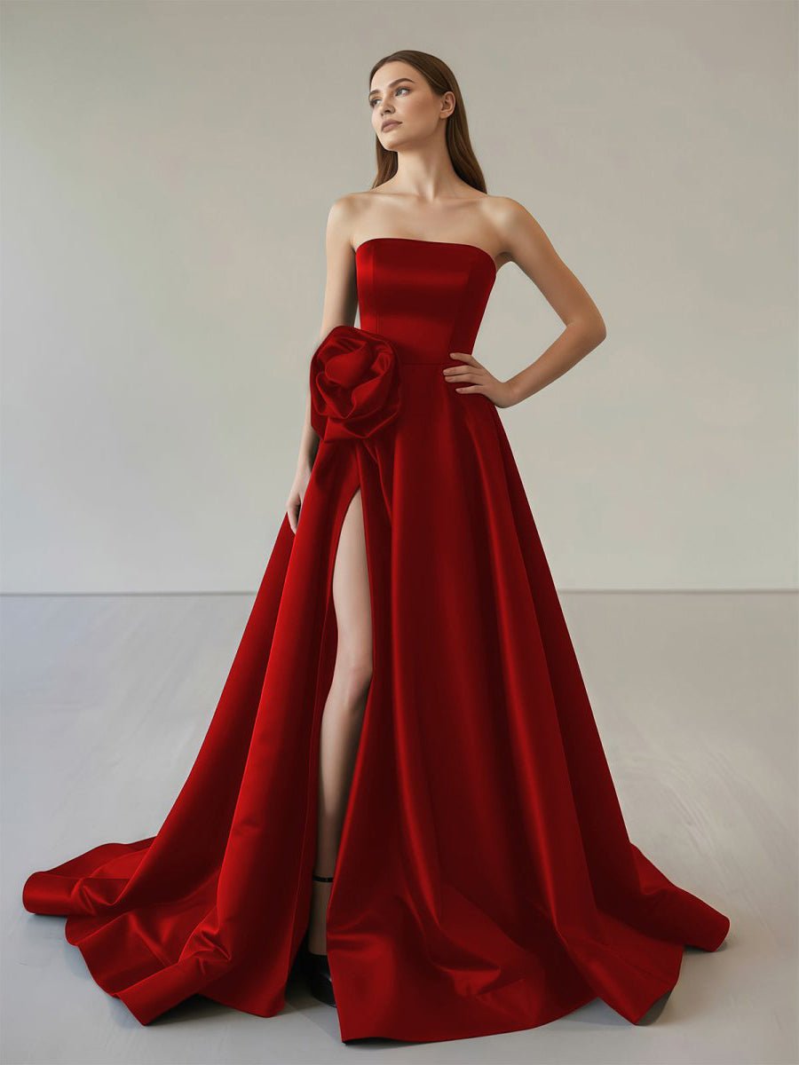 Black Strapless Satin Long Prom Dresses With High Split Evening Dresses, product image 10