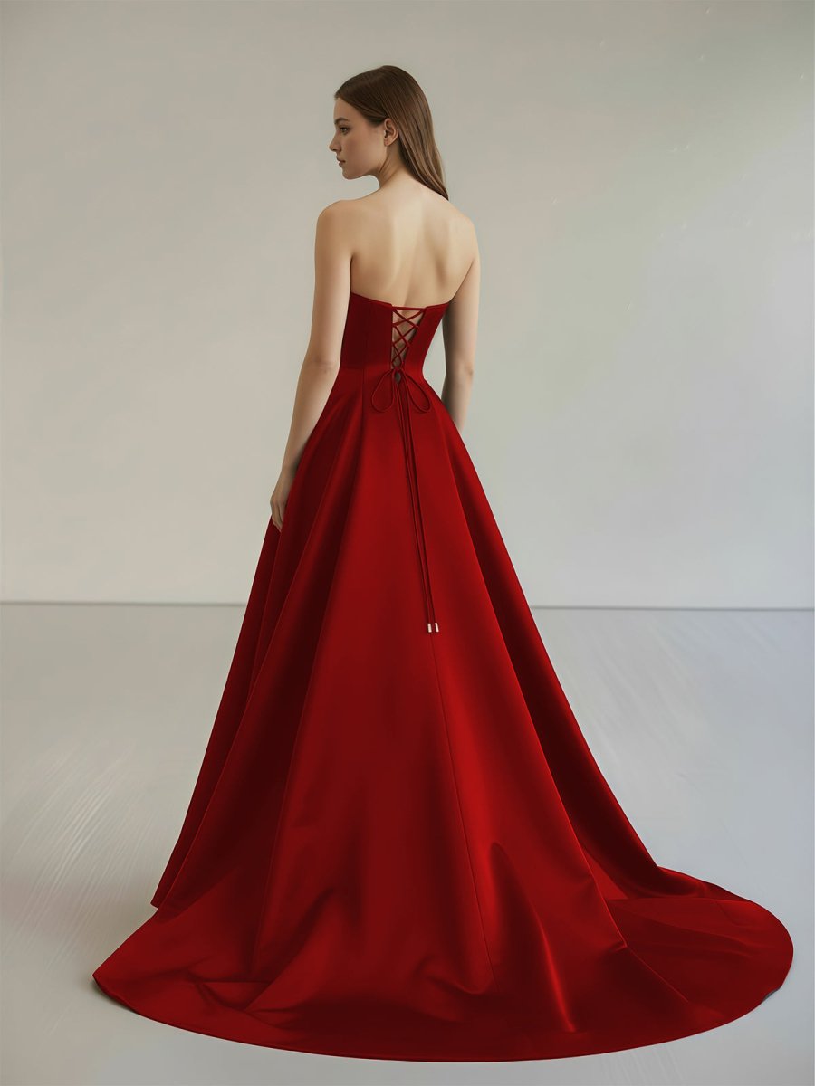 Black Strapless Satin Long Prom Dresses With High Split Evening Dresses, product image 11