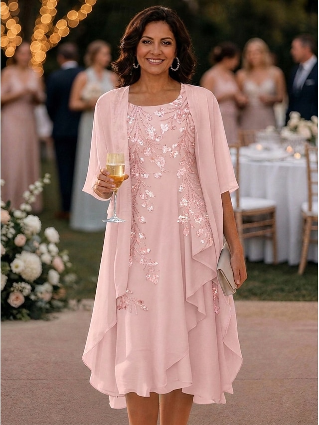 two piece a-line knee length mother of the bride dresses 3/4 length sleeve scoop neck elegant simple chiffon, supplier image 18