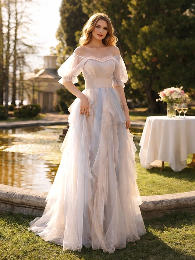 a-line floor-length wedding guest dress prom dress scoop neck half sleeves tulle, supplier image 4