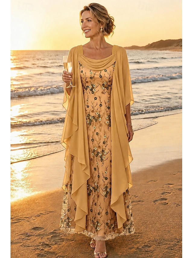 a-line mother of the bride dresses ankle length chiffon lace with beading 3/4 length sleeve elegant, supplier image 6