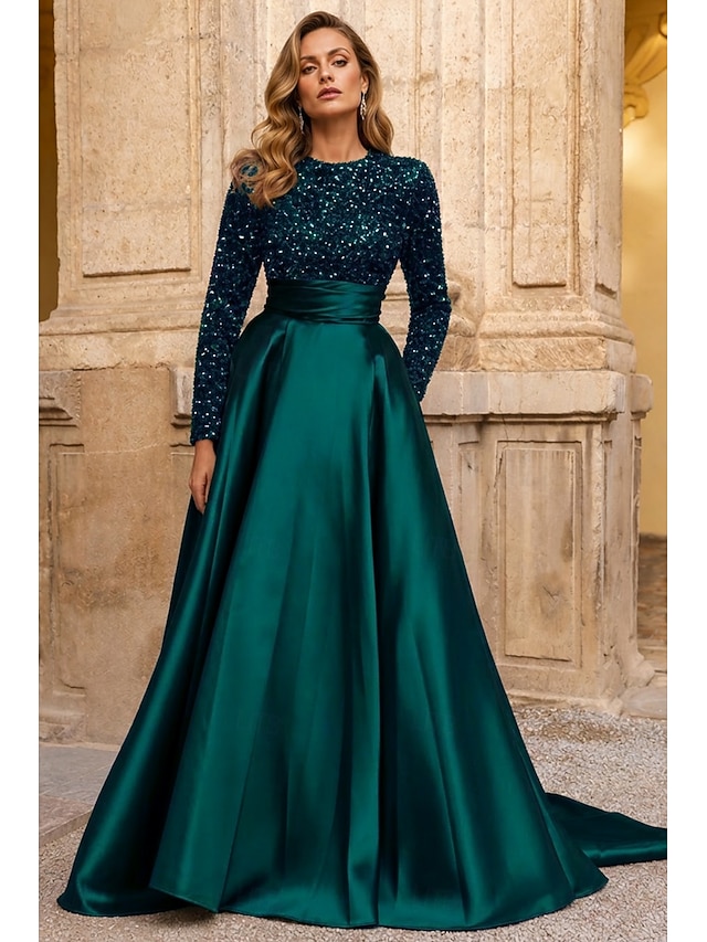 a-line floor-length wedding guest dress evening gown high neck long sleeves satin elegant, supplier image 21