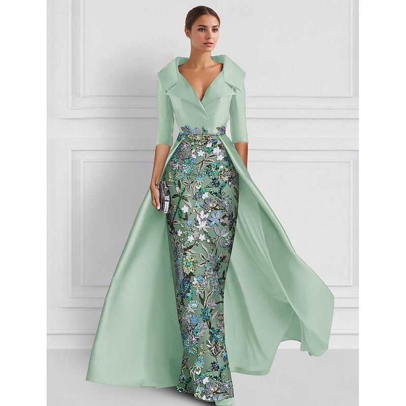 Beaded Eembroidered Ball Gown A-Line Evening Gown Mother of the Bride Dress Formal Dress Elegant Wedding Floor Length Half Sleeve Shirt Collar Satin with Slit Appliques