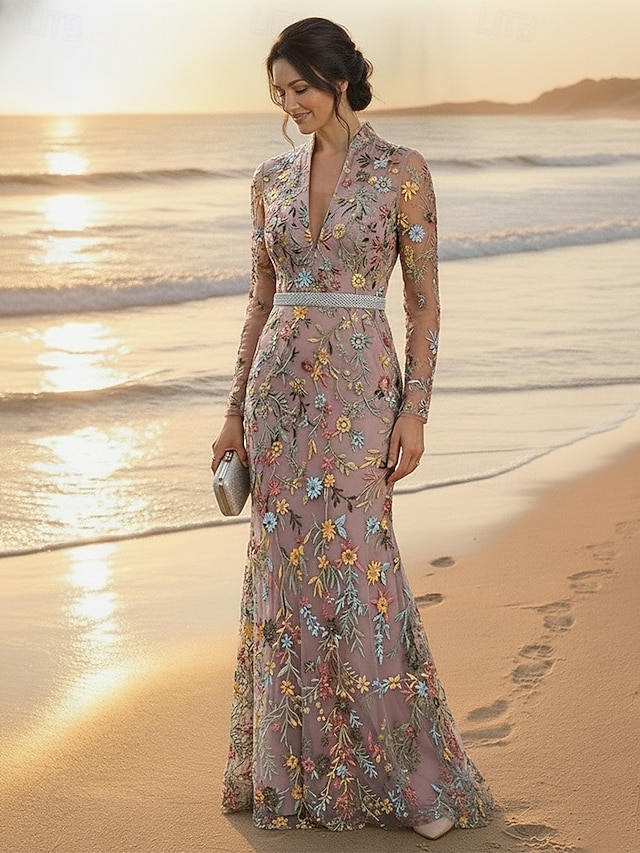 mermaid trumpet mother of the bride dresses floor length lace long sleeve v neck elegant luxurious, supplier image 1