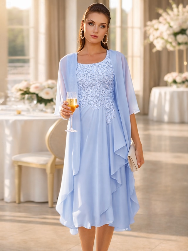 two piece a-line knee-length mother of the bride dress wedding guest dress sleeveless chiffon lace elegant, supplier image 1