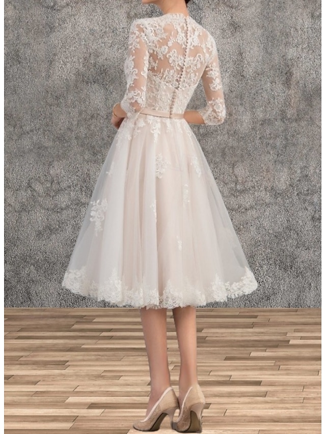 a-line tea-length little white dress wedding dress v-neck 3/4 sleeves satin tulle, supplier image 2
