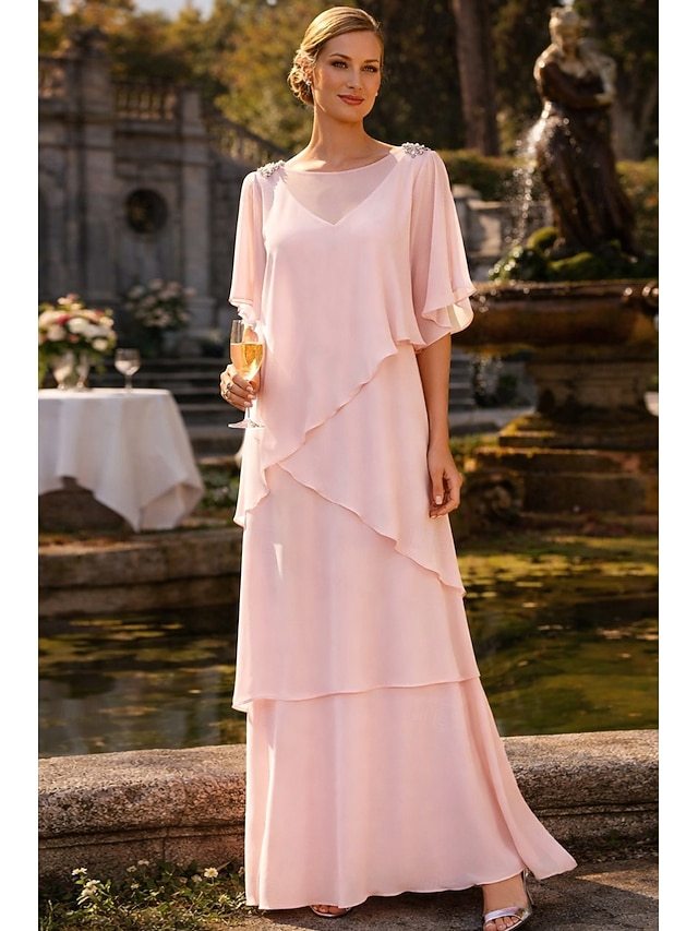 a-line mother of the bride dresses wedding guest dresses formal dresses floor length chiffon elegant in Blush, US2