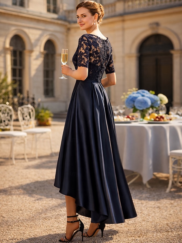 a-line high-low mother of the bride dress wedding guest dress cocktail dress scoop neck short sleeves satin lace elegant, supplier image 2