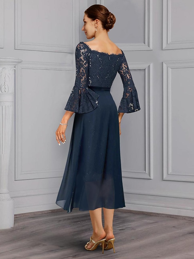 two piece sheath column knee-length mother of the bride dress wedding guest dress formal dress off-the-shoulder 3/4 sleeves chiffon lace elegant, supplier image 2