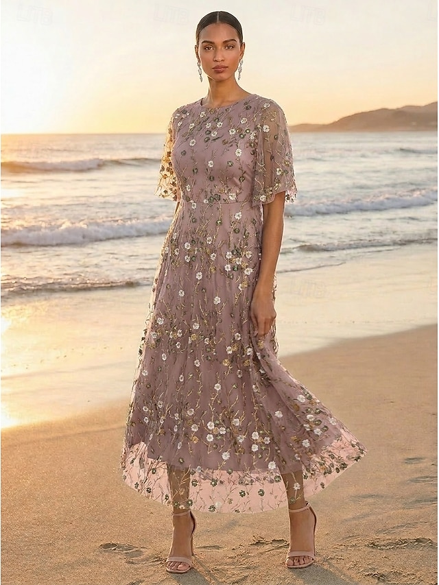 a-line mother of the bride dresses ankle length chiffon satin tulle with pleats half sleeve elegant in Dusty Rose, US20W