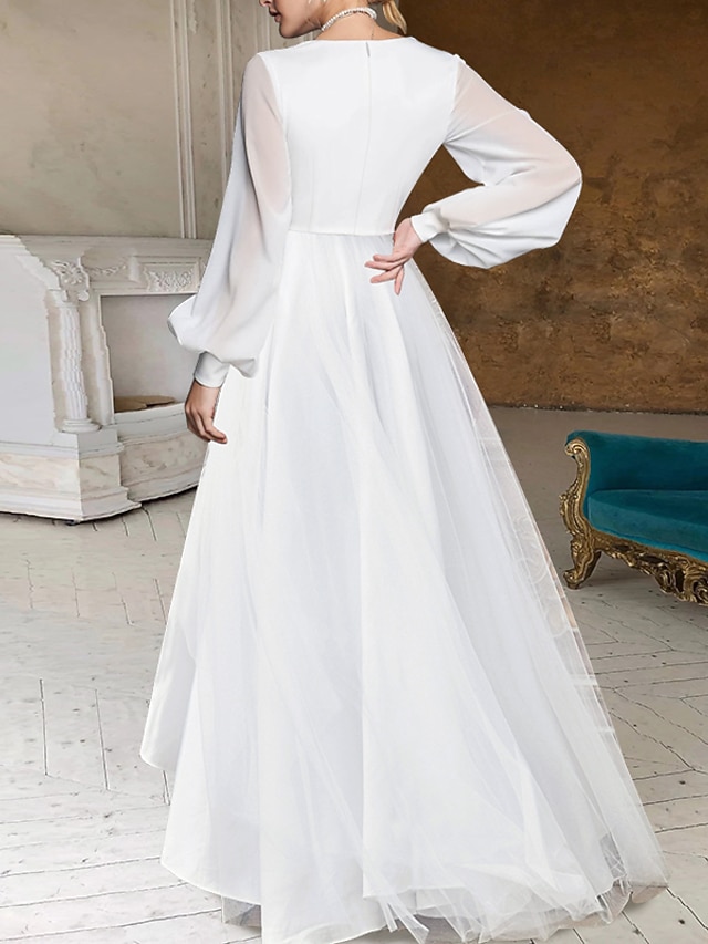 a-line little white dress wedding dress v-neck long sleeves chiffon, supplier image 5