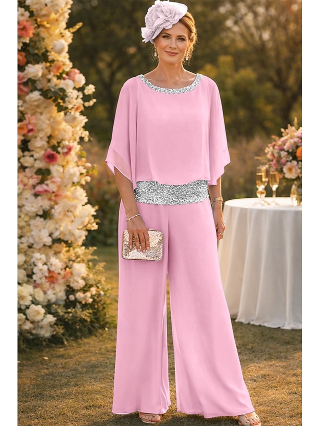 two piece pantsuit mother of the bride dresses floor length chiffon with sequin half sleeve elegant, supplier image 7