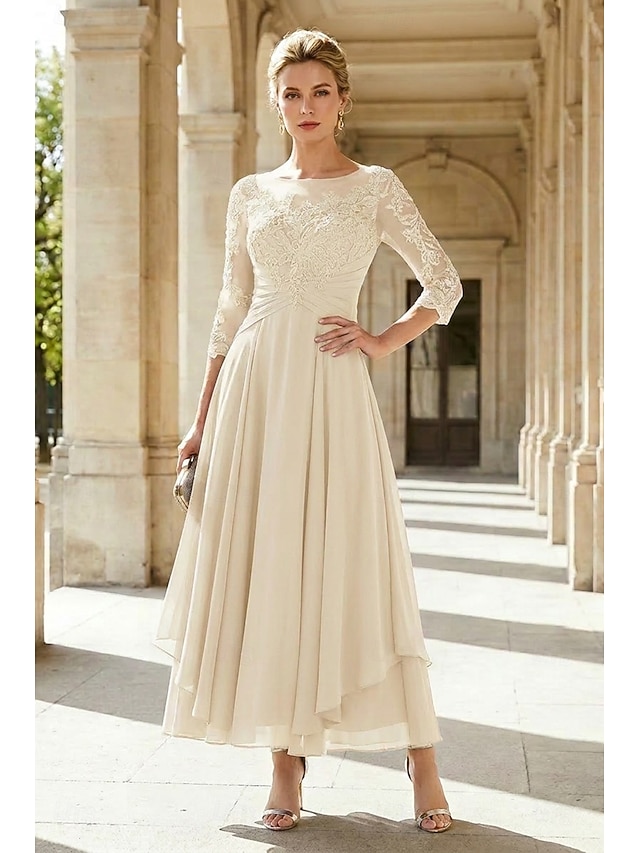 a-line ankle-length mother of the bride dress wedding guest dress cocktail dress jewel neck 3/4 sleeves chiffon lace elegant, supplier image 24