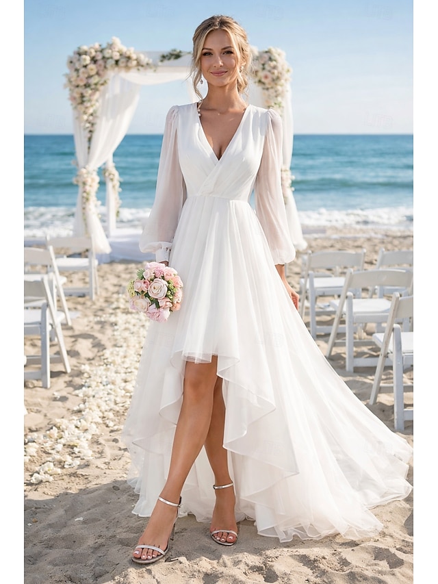 a-line little white dress wedding dress v-neck long sleeves chiffon, supplier image 1