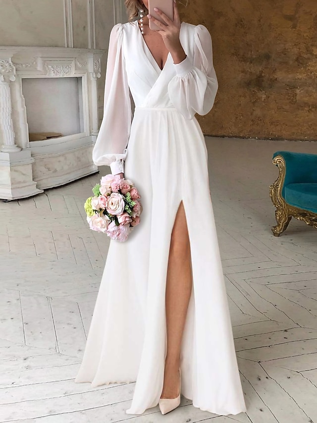 a-line floor-length little white dress wedding dress v-neck long sleeves chiffon, supplier image 1