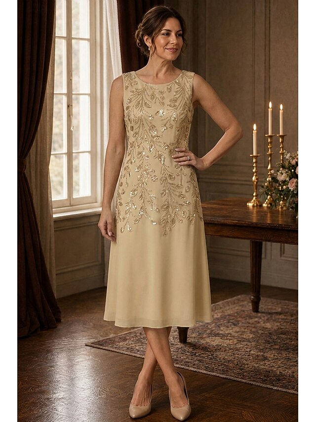 two piece a-line mother of the bride dresses tea length chiffon lace with sequin 3/4 length sleeve, supplier image 2