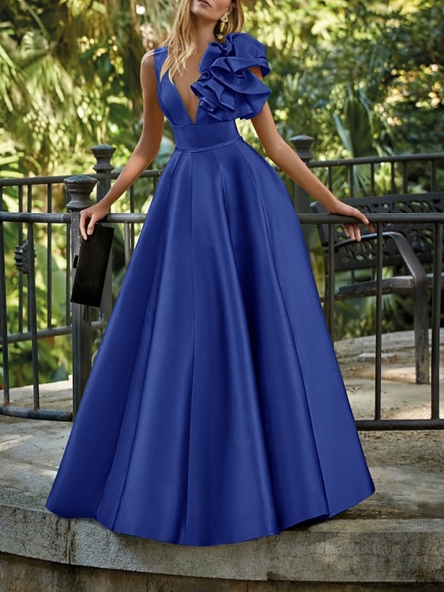 a-line floor-length wedding guest dress prom dress evening gown v-neck sleeveless satin elegant, supplier image 8