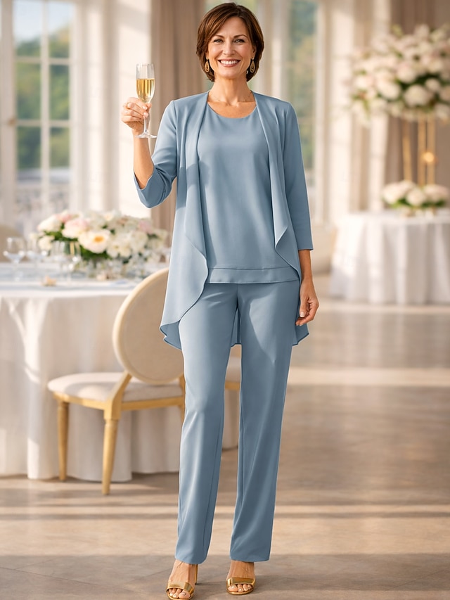3 Piece Jumpsuit Pantsuit Ankle-Length Mother of the Bride Dress Wedding Guest Dress Jewel Neck Sleeveless Chiffon Elegant