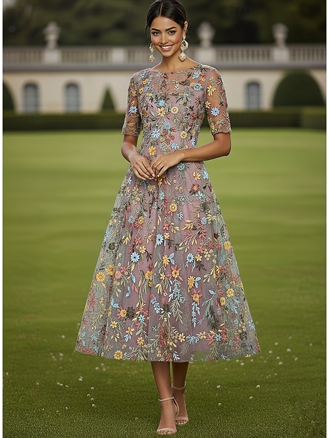 a-line floor length mother of the bride dresses cocktail dresses party dresses half sleeve plunging neck elegant vintage luxurious tulle, supplier image 15