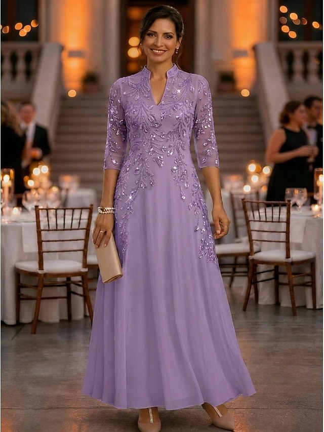 a-line ankle length mother of the bride dresses 3/4 length sleeve v neck elegant vintage luxurious chiffon tulle with beading, supplier image 8