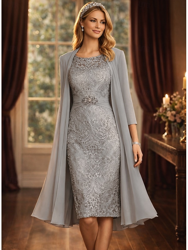 Mother of the Bride Dresses Wedding Guest Dresses Knee Length with Solid Color Long Sleeve Crew Neck