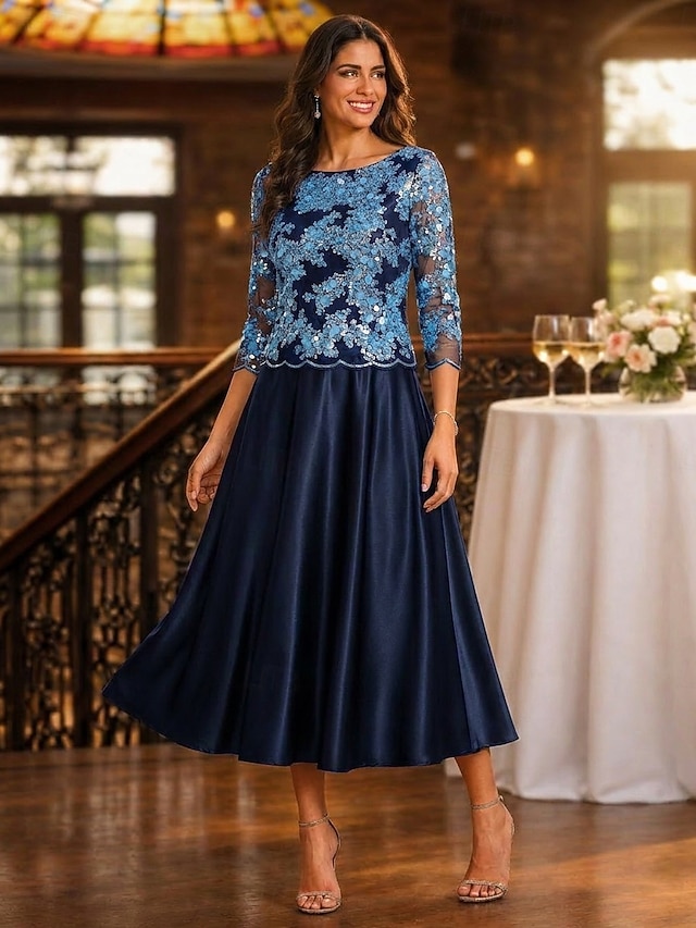 a-line mother of the bride dresses ankle length satin tulle with pleats 3/4 length sleeve crew neck, supplier image 1
